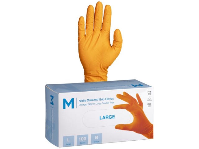 Diamond Grip Nitrile Orange Large 100/Pkt