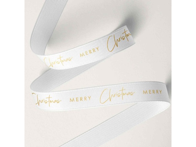 16mm Merry Xmas Ribbon Gold On White